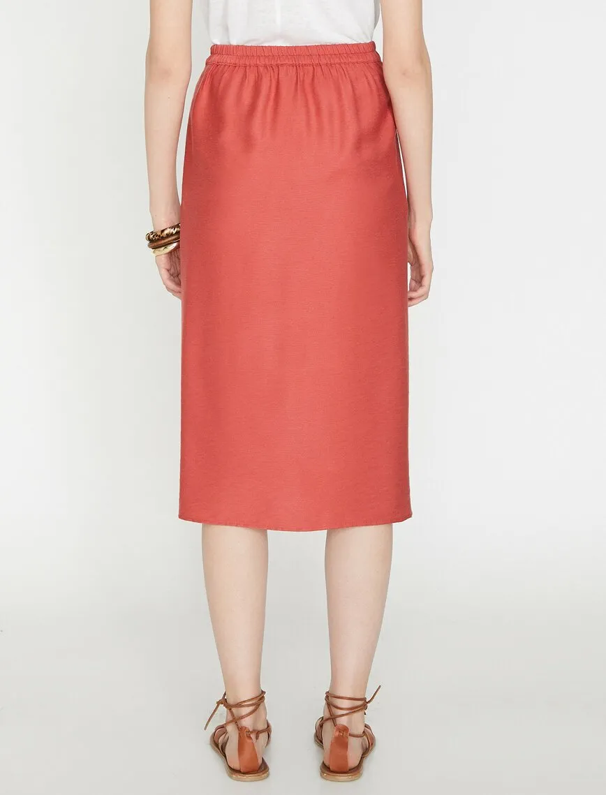 11967 Terracotta Button Detailed Midi Skirt