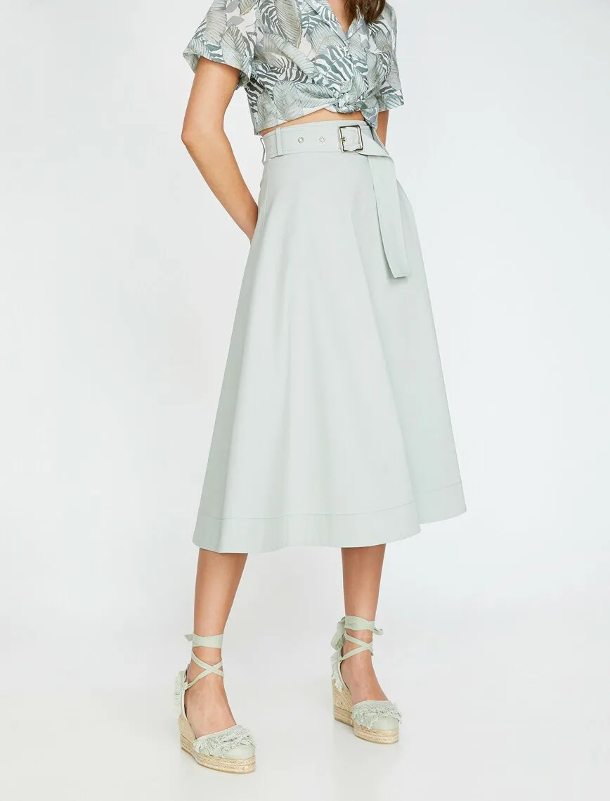 11997 Mint Waist Detailed Midi Skirt