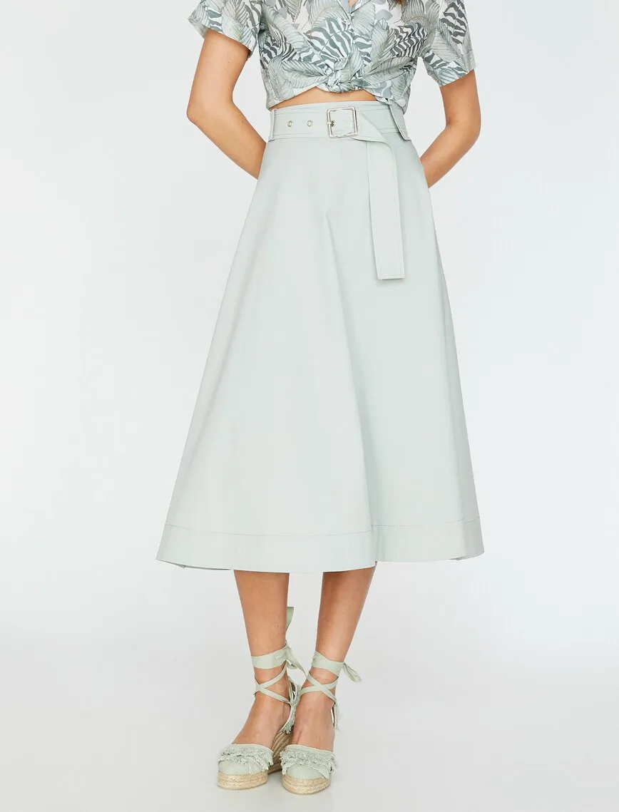 11997 Mint Waist Detailed Midi Skirt