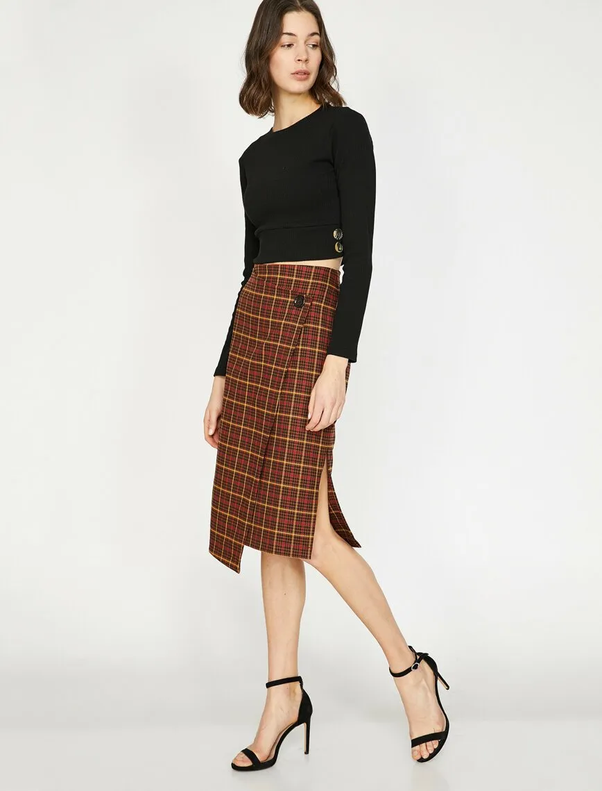 12128 Brown Slit Detailed Midi Skirt