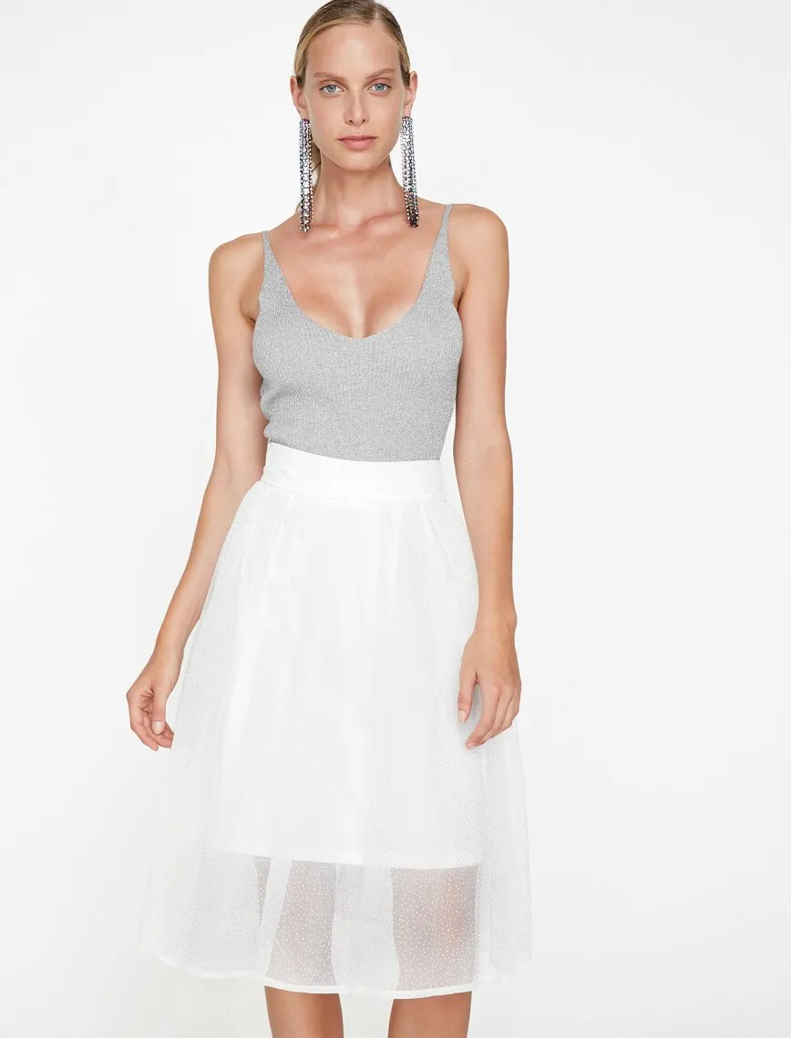 12162 Powder Tulle Detailed Midi Skirt