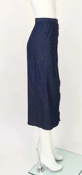 1970s Geoffrey Beene Dark Wash Denim and Red Zipper Midi Skirt