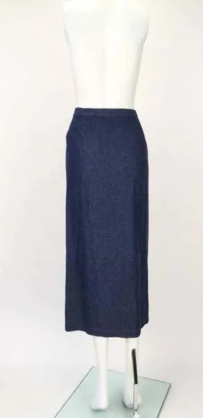 1970s Geoffrey Beene Dark Wash Denim and Red Zipper Midi Skirt