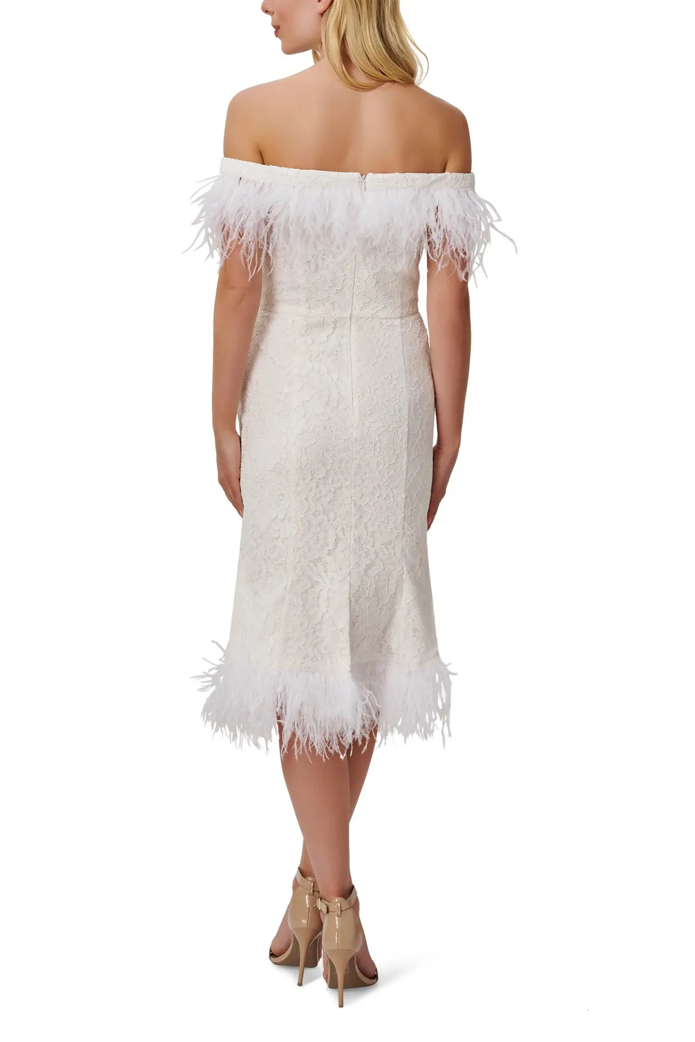 Aidan Mattox Off The Shoulder Short Sleeves Back Zipper Feather Trim On Hem Midi Dress