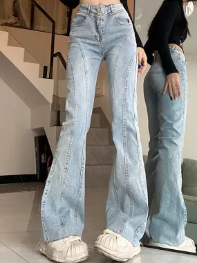 Aiertu Vintage Flared Stretch Jeans Women High Waist Skinny Boot Cut Gray Denim Pants Y2K Punk Streetwear Wide Leg Trousers