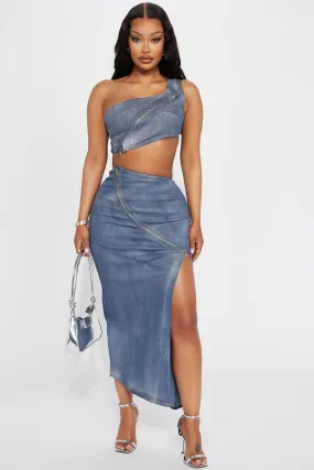 Alessa Glitter Metallic Denim Skirt Set - Medium Wash