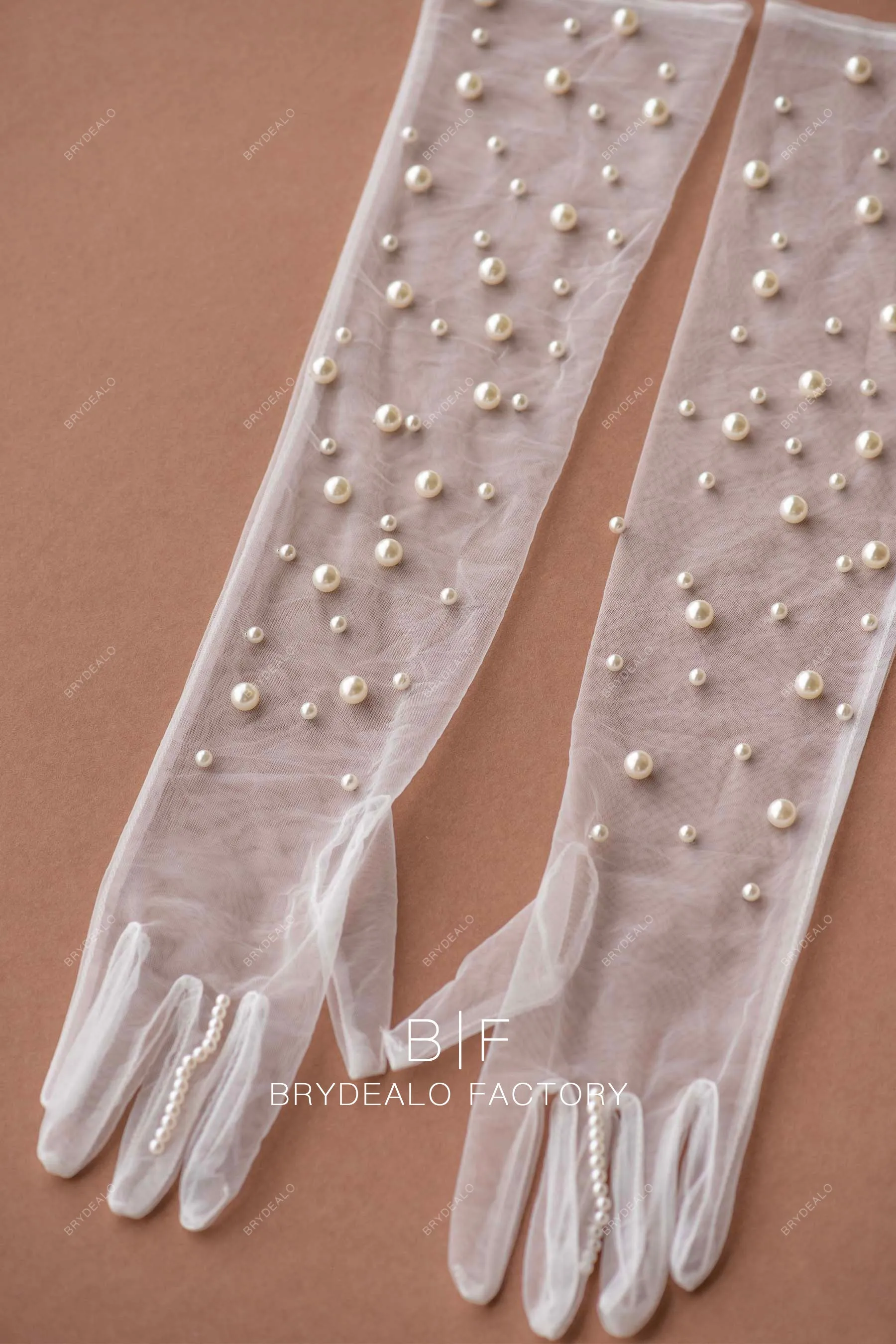 Allover Pearls Tulle Long Bridal Gloves Online