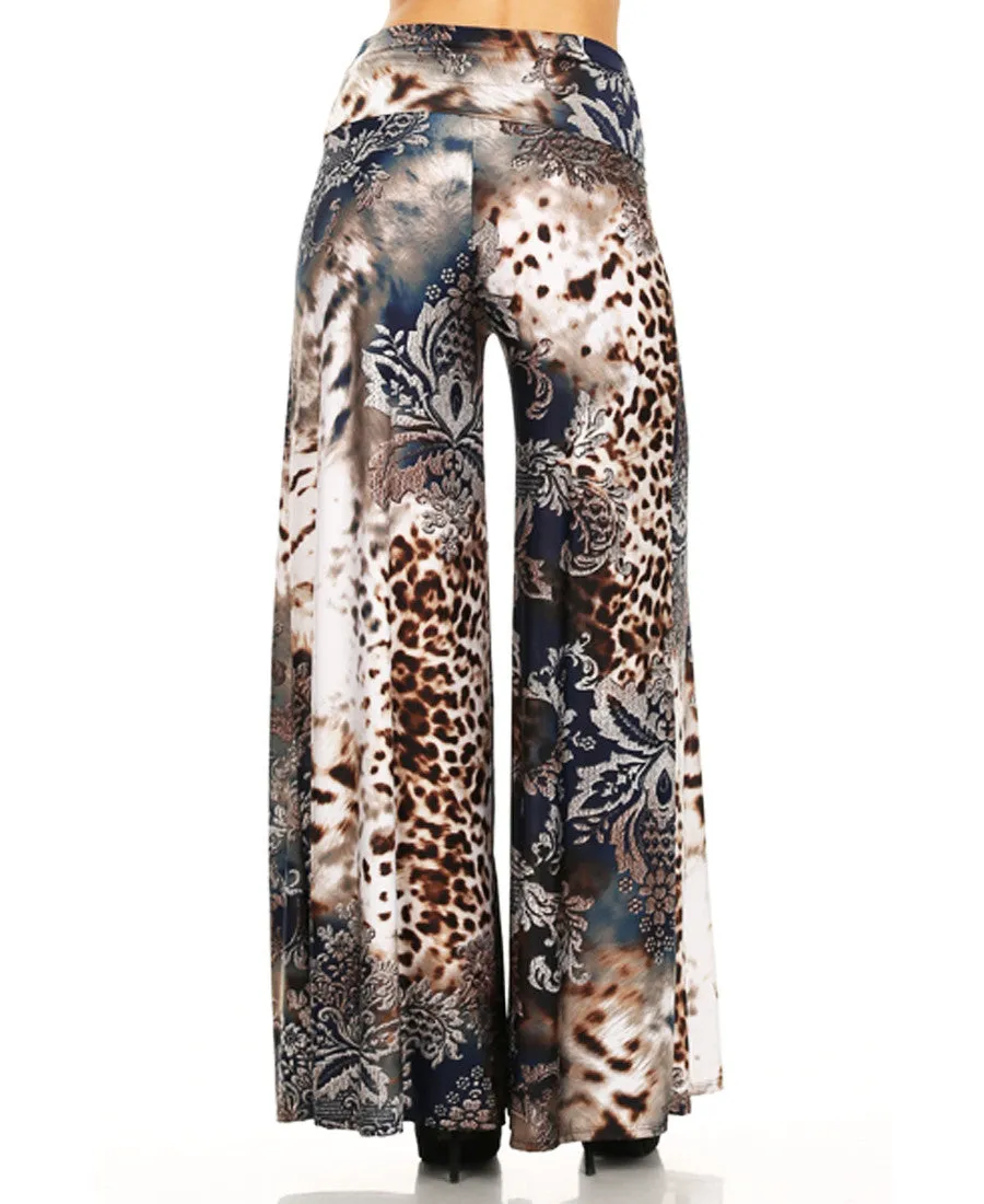 Beautiful and Modern Leopard Paisley Splash Navy Brown Palazzo Pants