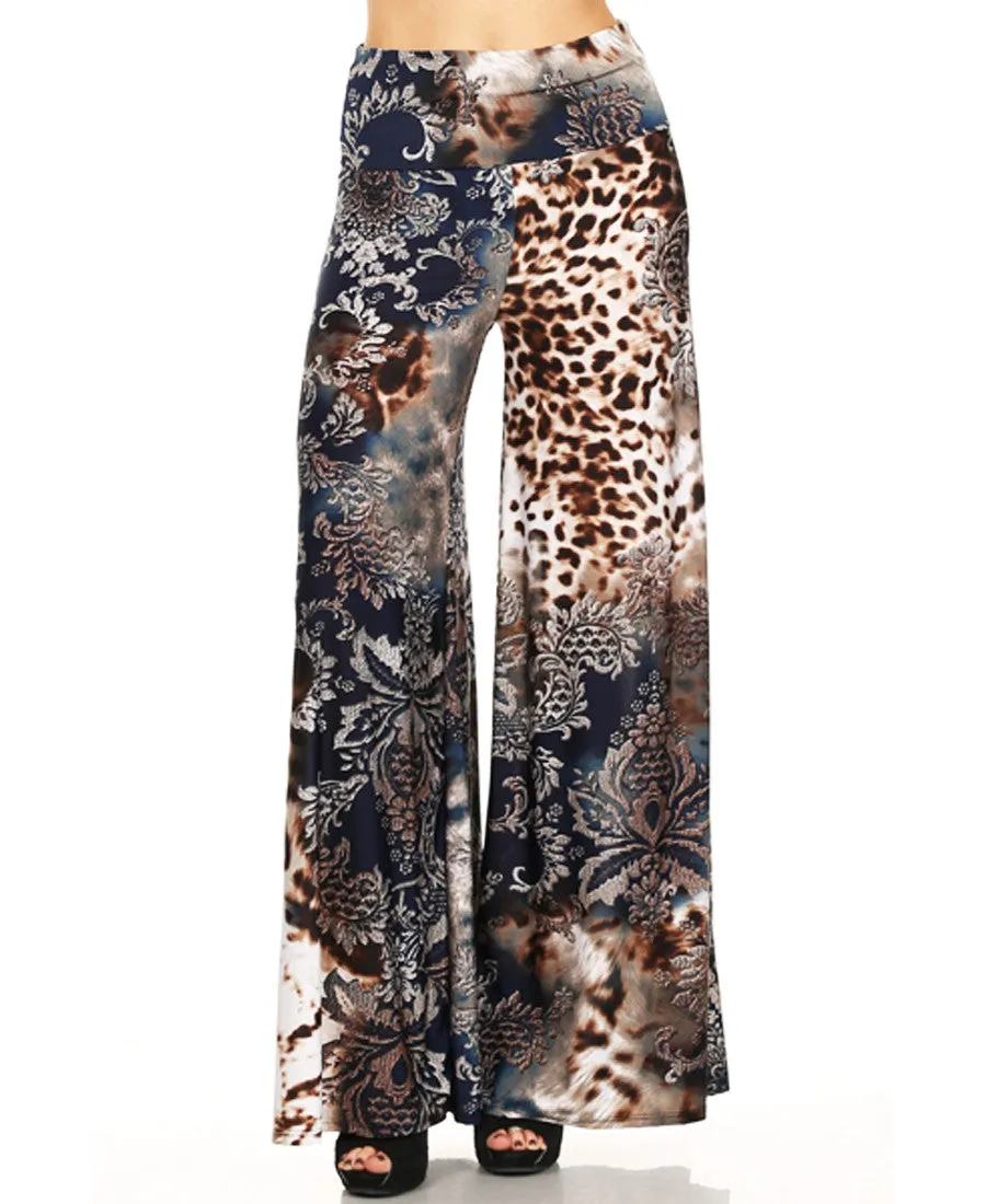 Beautiful and Modern Leopard Paisley Splash Navy Brown Palazzo Pants