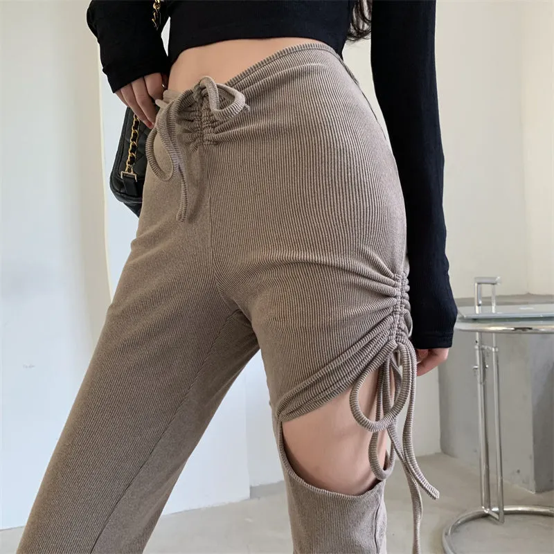 Beige Black Thigh Hole Slim Thin Flared Pants