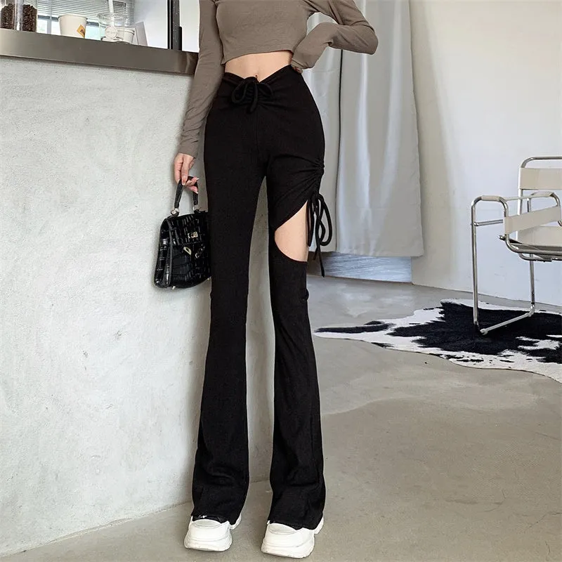 Beige Black Thigh Hole Slim Thin Flared Pants