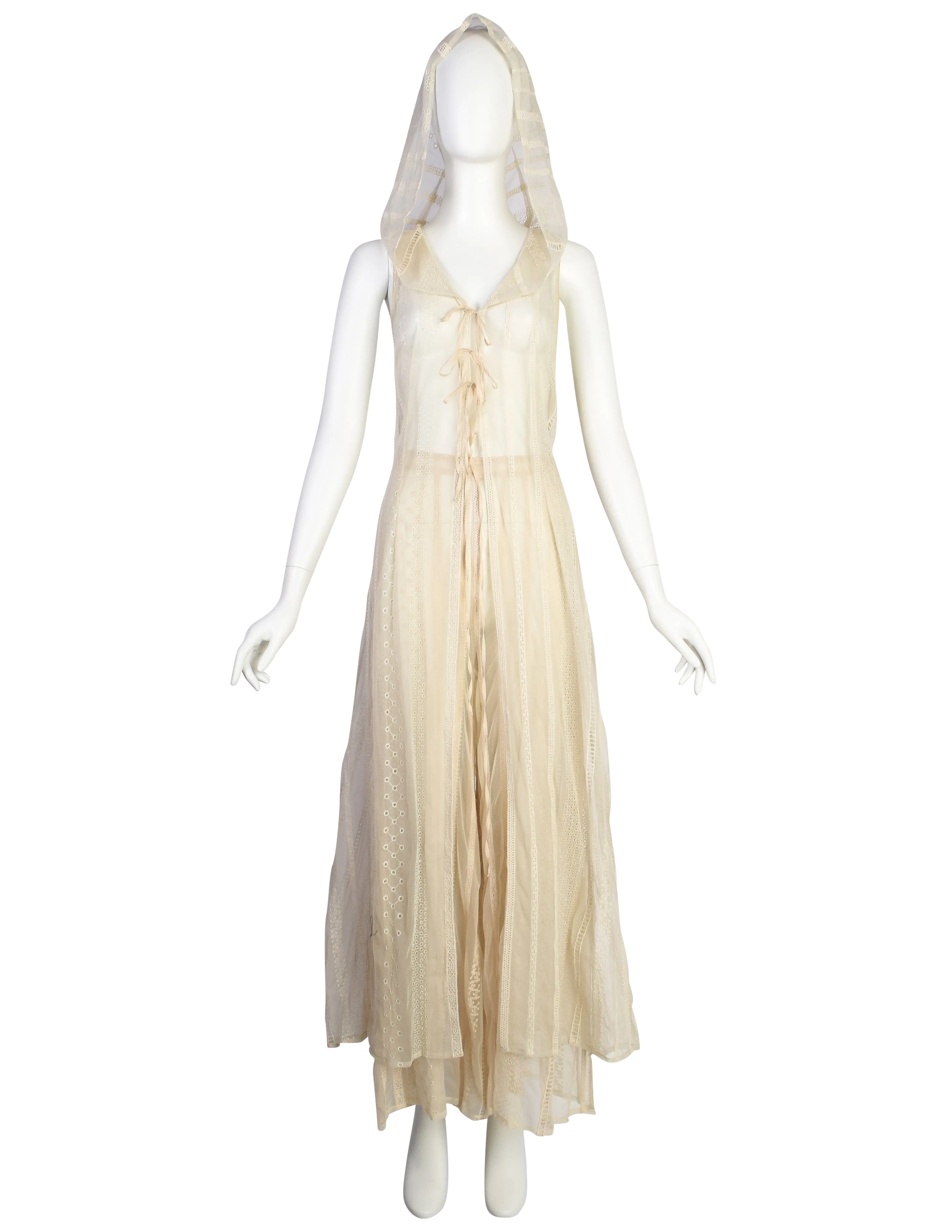 Berit Steffin Vintage 1990s Cream Embroidered Mesh Hooded Vest and Palazzo Pant Ensemble