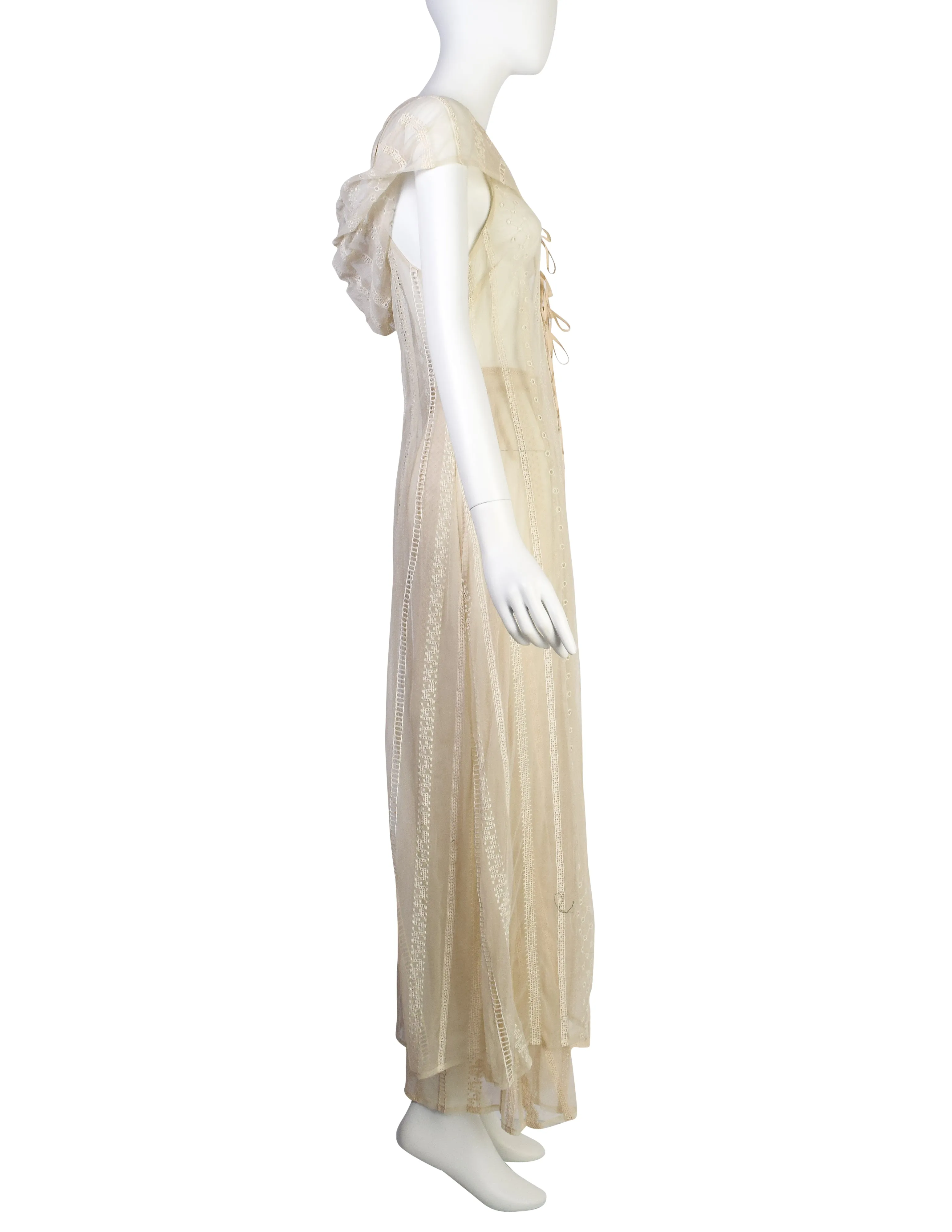 Berit Steffin Vintage 1990s Cream Embroidered Mesh Hooded Vest and Palazzo Pant Ensemble