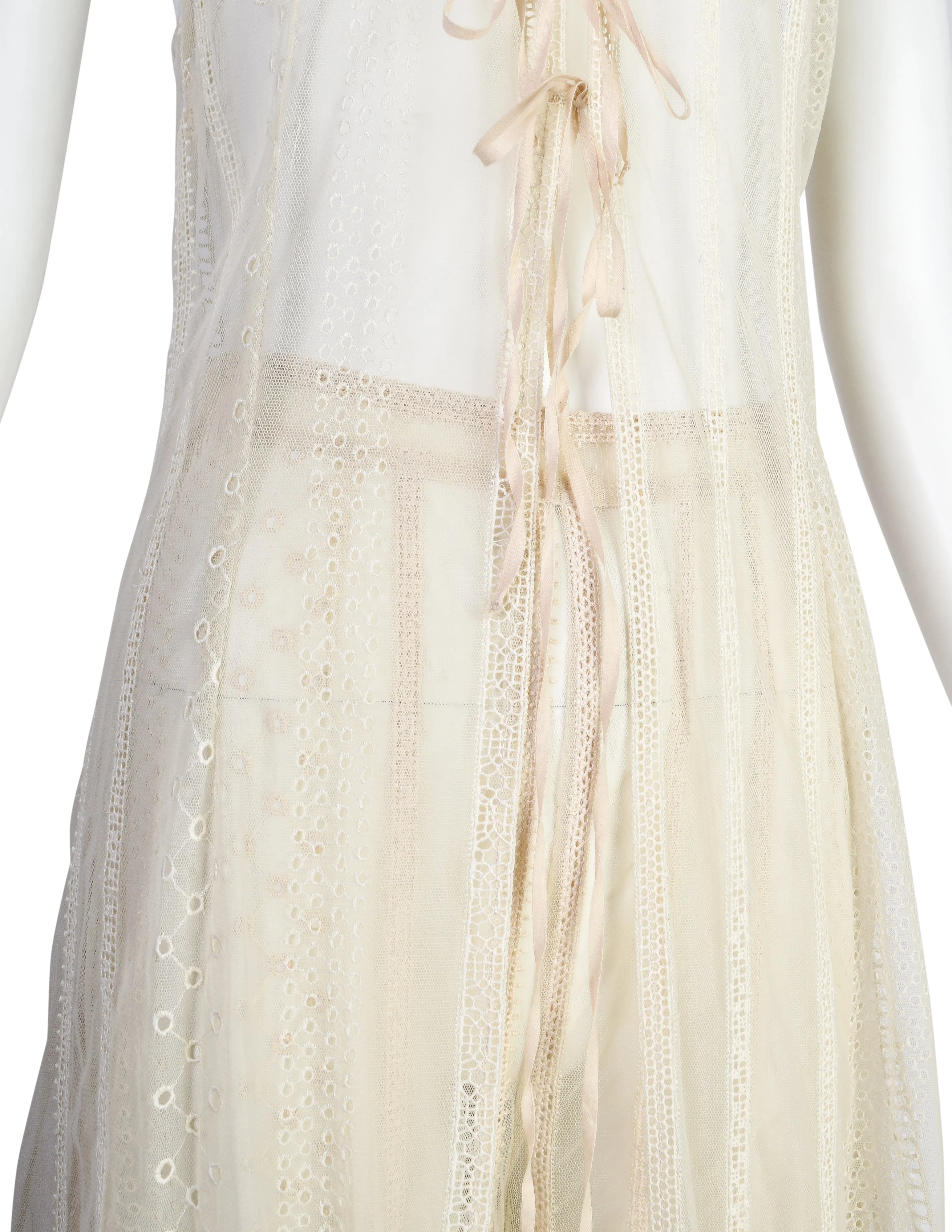 Berit Steffin Vintage 1990s Cream Embroidered Mesh Hooded Vest and Palazzo Pant Ensemble