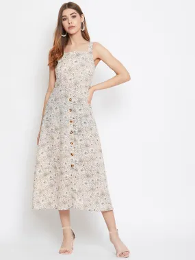 Berrylush Women Beige & Off-White Floral Printed Square Neck Open-Back A-Line Midi Dress