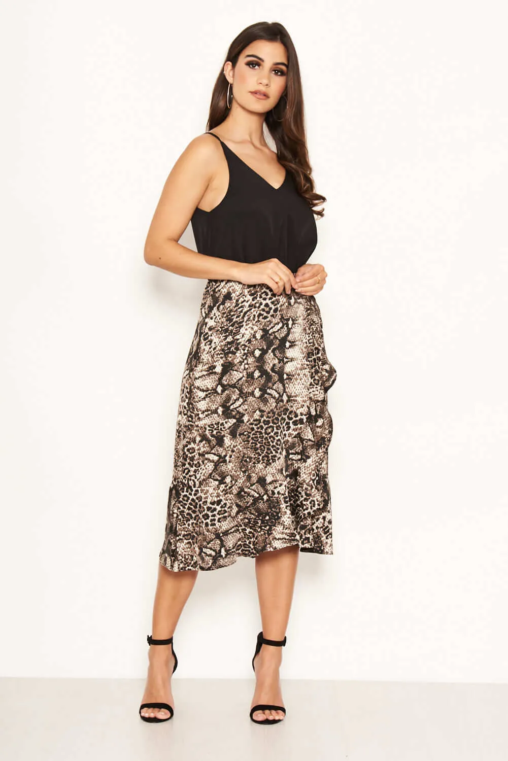 Black And Grey Animal Print 2 In 1 Frill Hem Midi Dress