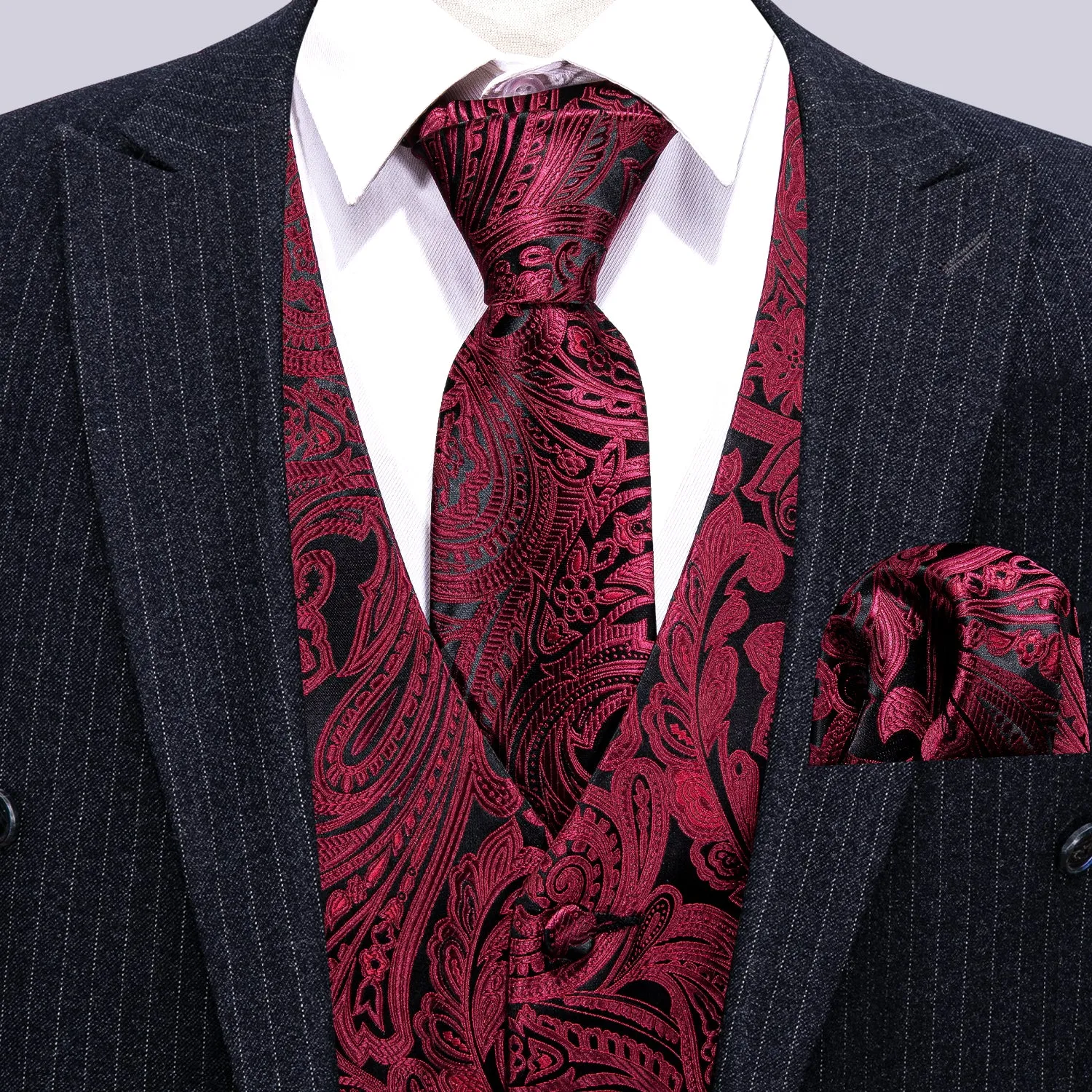 Black Burgundy Paisley Jacquard Silk Men's Vest Hanky Cufflinks Tie Set