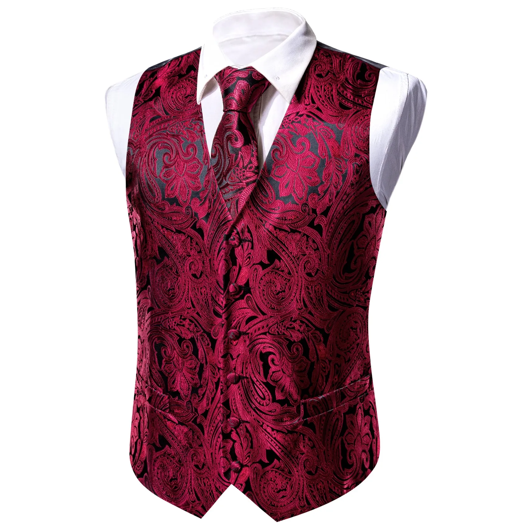 Black Burgundy Paisley Jacquard Silk Men's Vest Hanky Cufflinks Tie Set