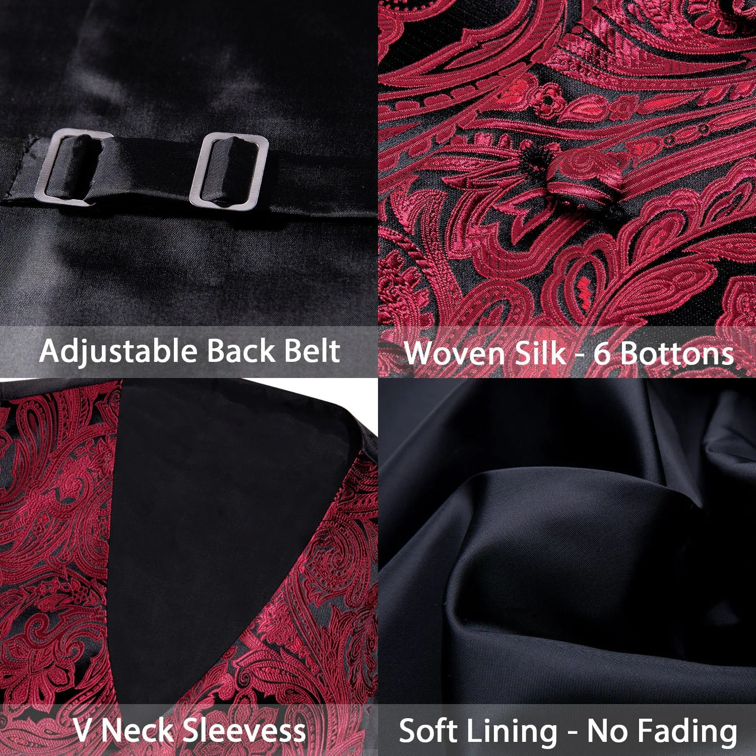 Black Burgundy Paisley Jacquard Silk Men's Vest Hanky Cufflinks Tie Set