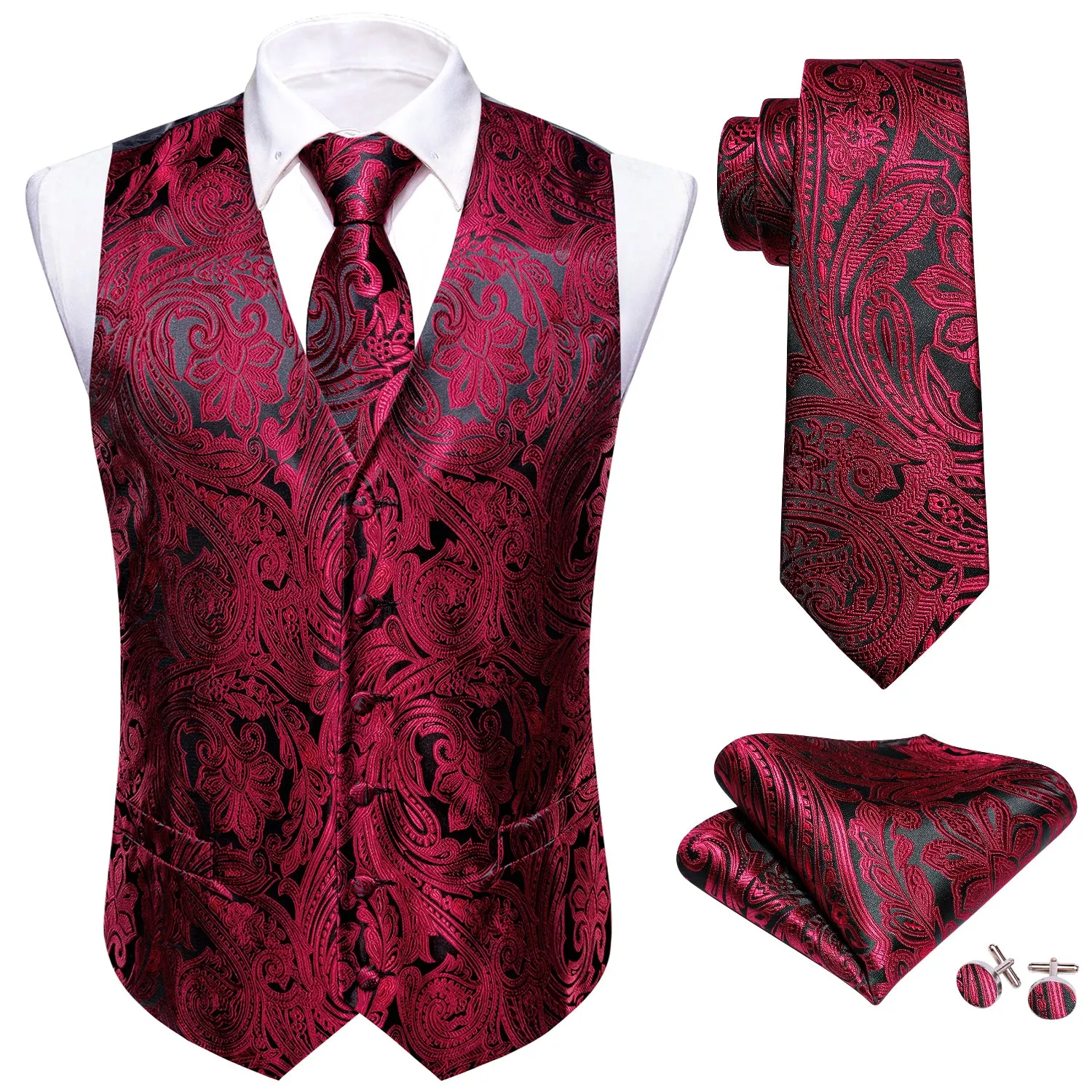 Black Burgundy Paisley Jacquard Silk Men's Vest Hanky Cufflinks Tie Set