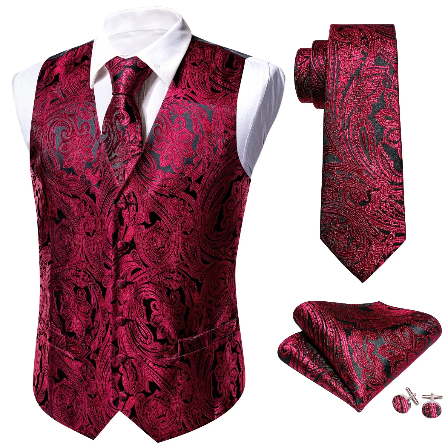 Black Burgundy Paisley Jacquard Silk Men's Vest Hanky Cufflinks Tie Set