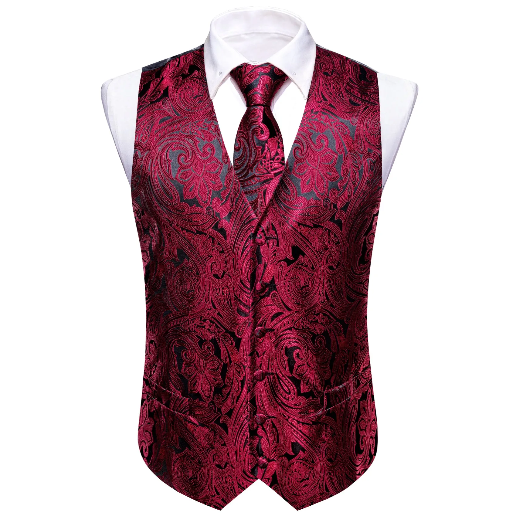 Black Burgundy Paisley Jacquard Silk Men's Vest Hanky Cufflinks Tie Set