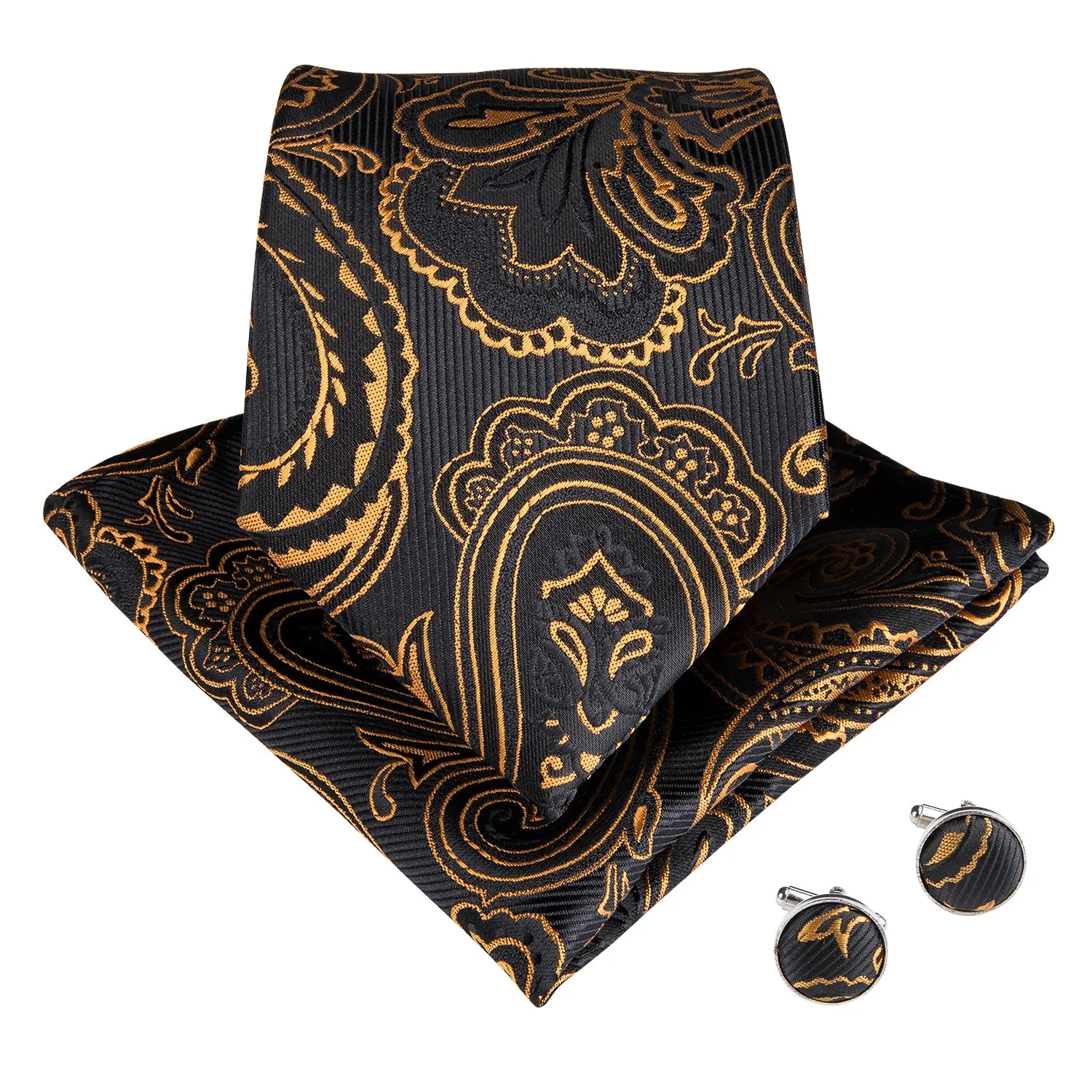 Black Collar Black Gold Paisley Jacquard V Neck Men's Vest Hanky Cufflinks Tie Set