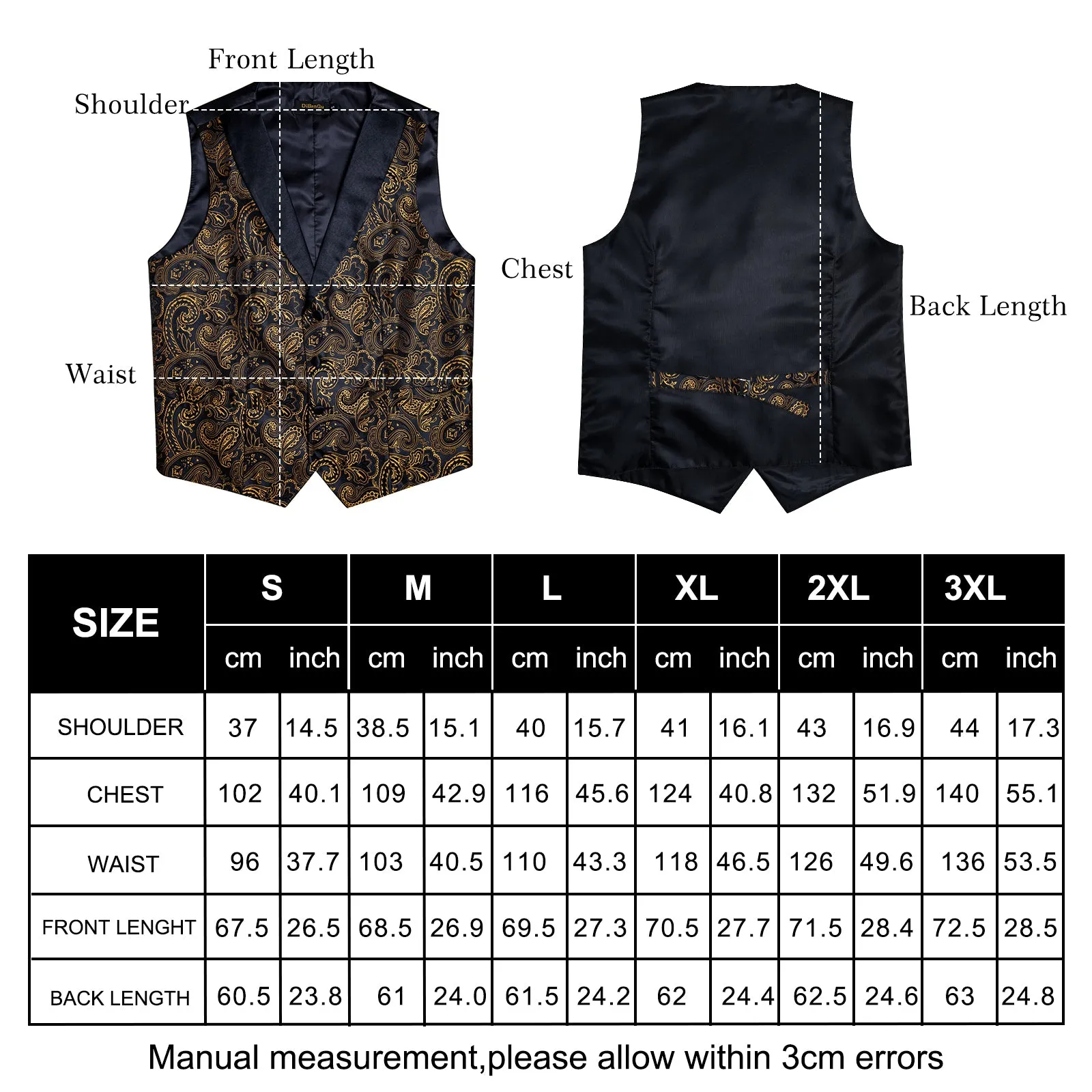 Black Collar Black Gold Paisley Jacquard V Neck Men's Vest Hanky Cufflinks Tie Set