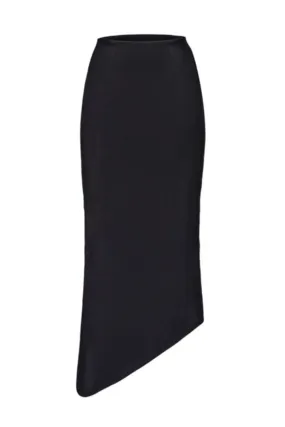 BLACK HIGH-RISE ASYMMETRIC MIDI SKIRT