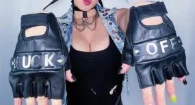 Black Leather Fingerless Gloves w/ "Fuck Off" Text