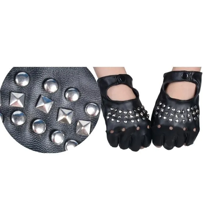 Black Vegan Leather Fingerless Half Finger Gloves w/ Silver Studs