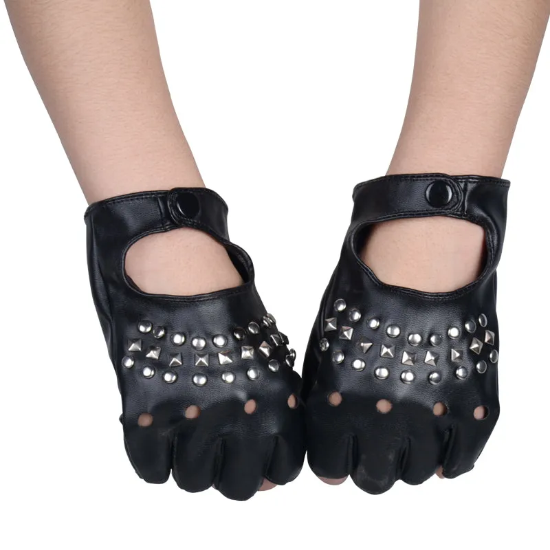 Black Vegan Leather Fingerless Half Finger Gloves w/ Silver Studs