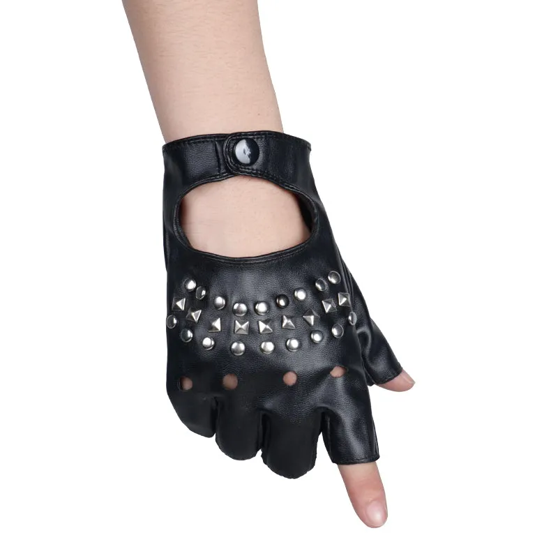 Black Vegan Leather Fingerless Half Finger Gloves w/ Silver Studs