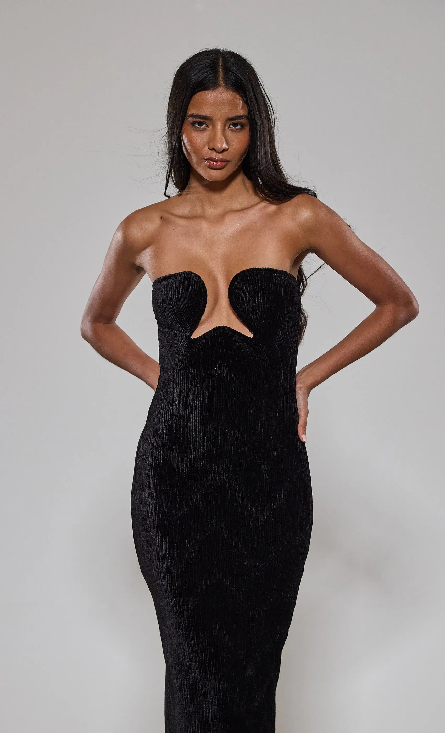 Black Velvet Bandeau Midi Dress