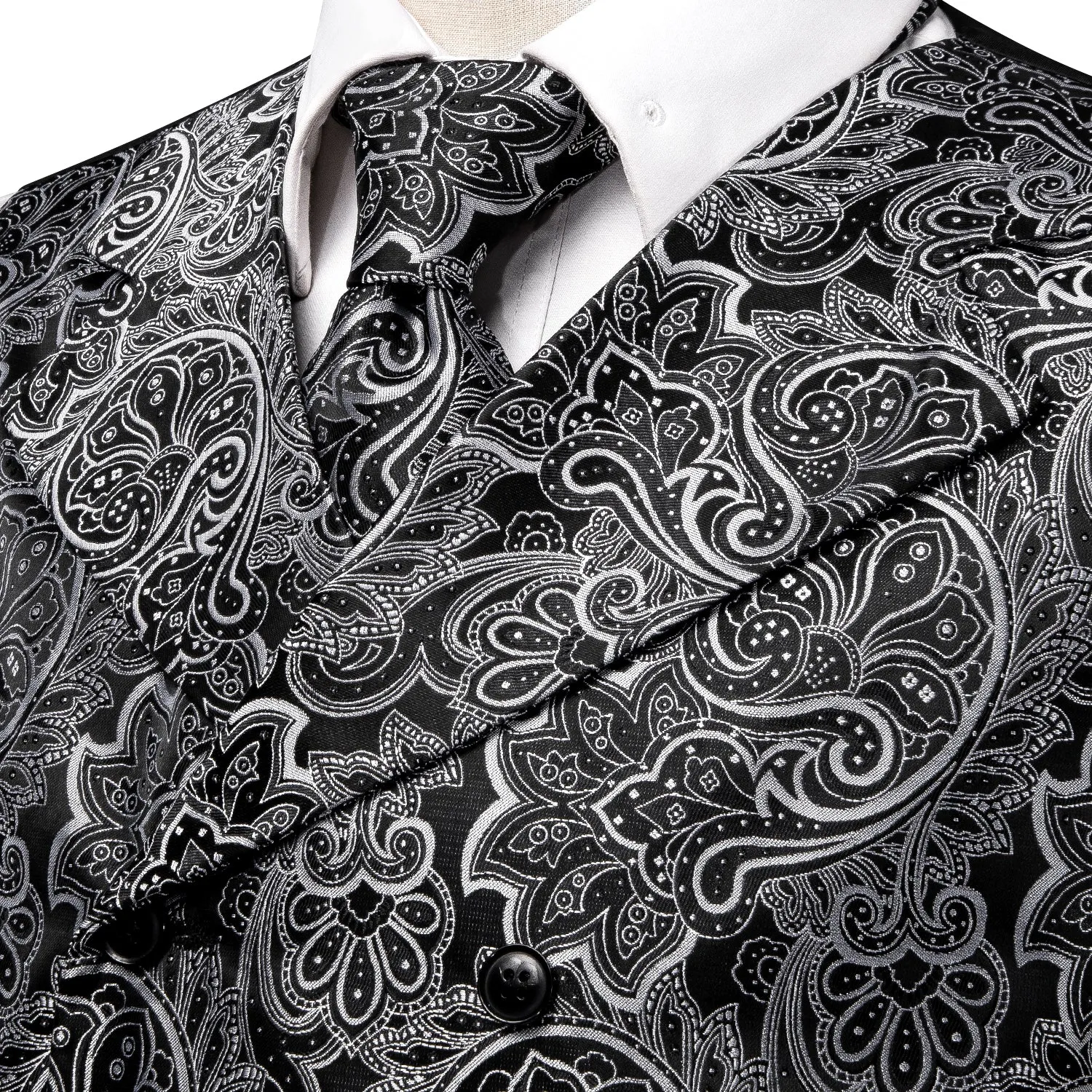 Black White Paisley Jacquard Silk Men's Vest Hanky Cufflinks Tie Set