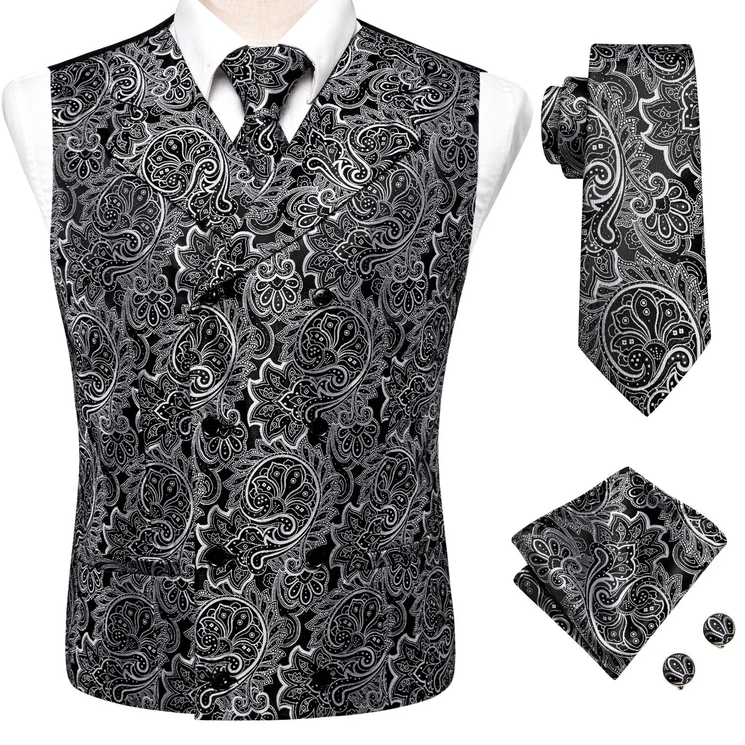 Black White Paisley Jacquard Silk Men's Vest Hanky Cufflinks Tie Set