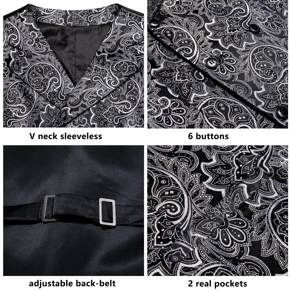 Black White Paisley Jacquard Silk Men's Vest Hanky Cufflinks Tie Set