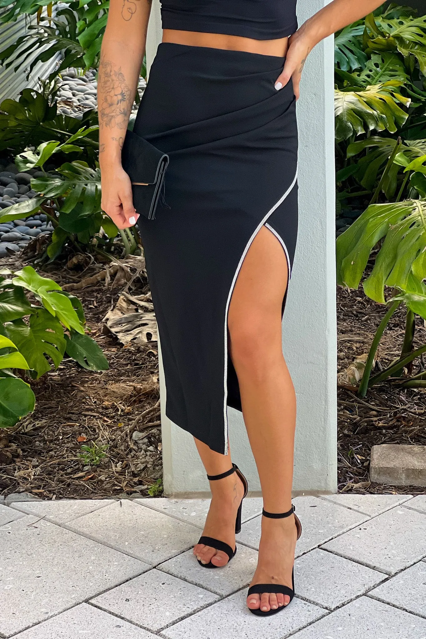 Black Wrap Midi Skirt With Rhinestone Trim