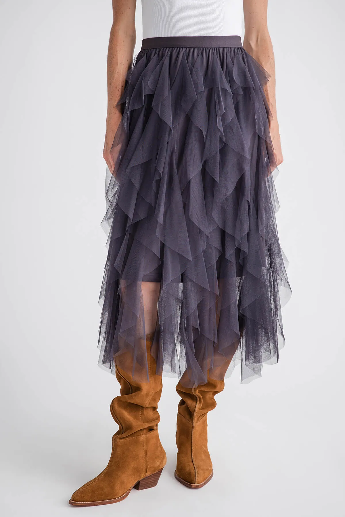 Blu Ivy Spiral Ruffled Tulle Midi Skirt