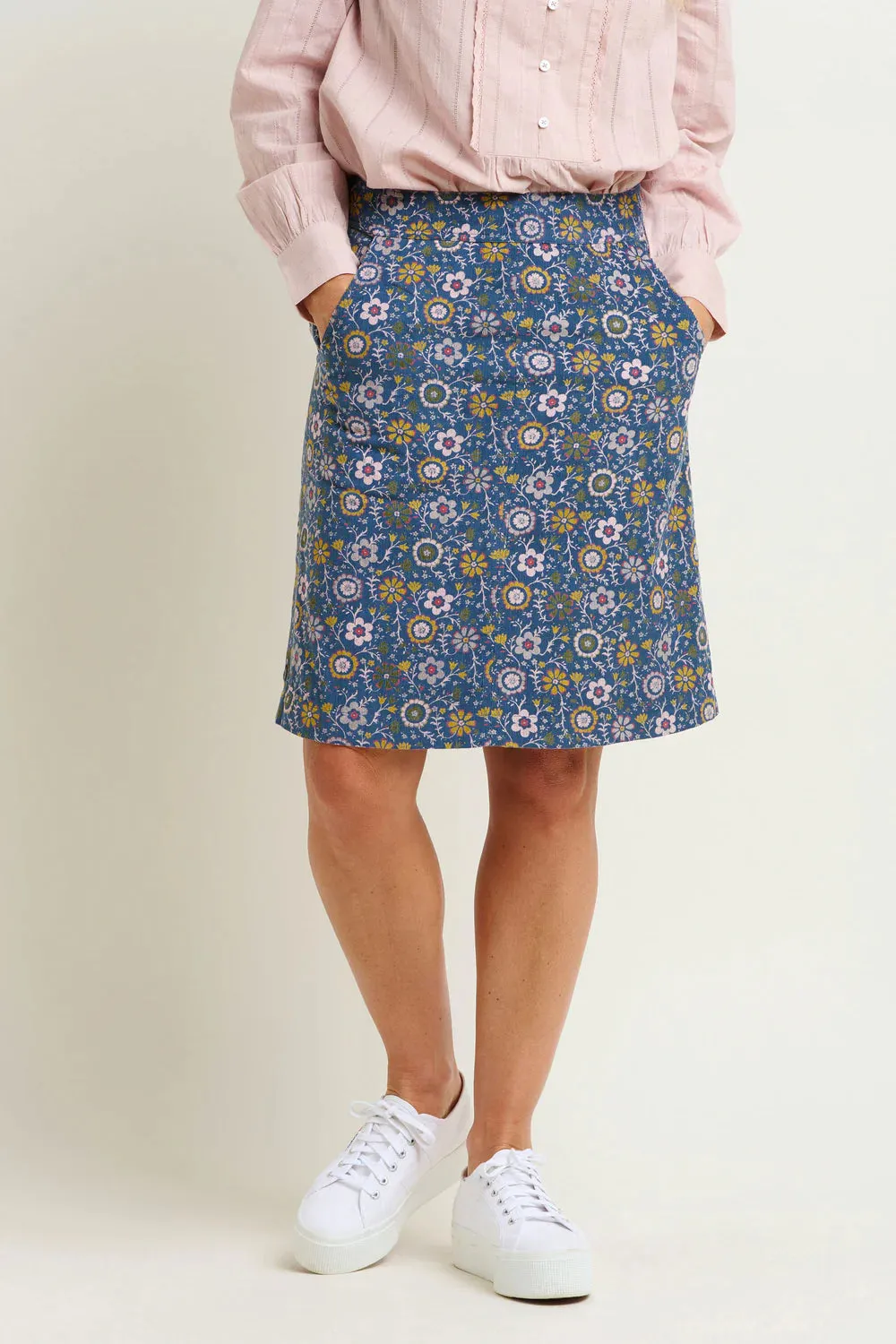 Brakeburn - Folk Floral Cord Midi Skirt Navy