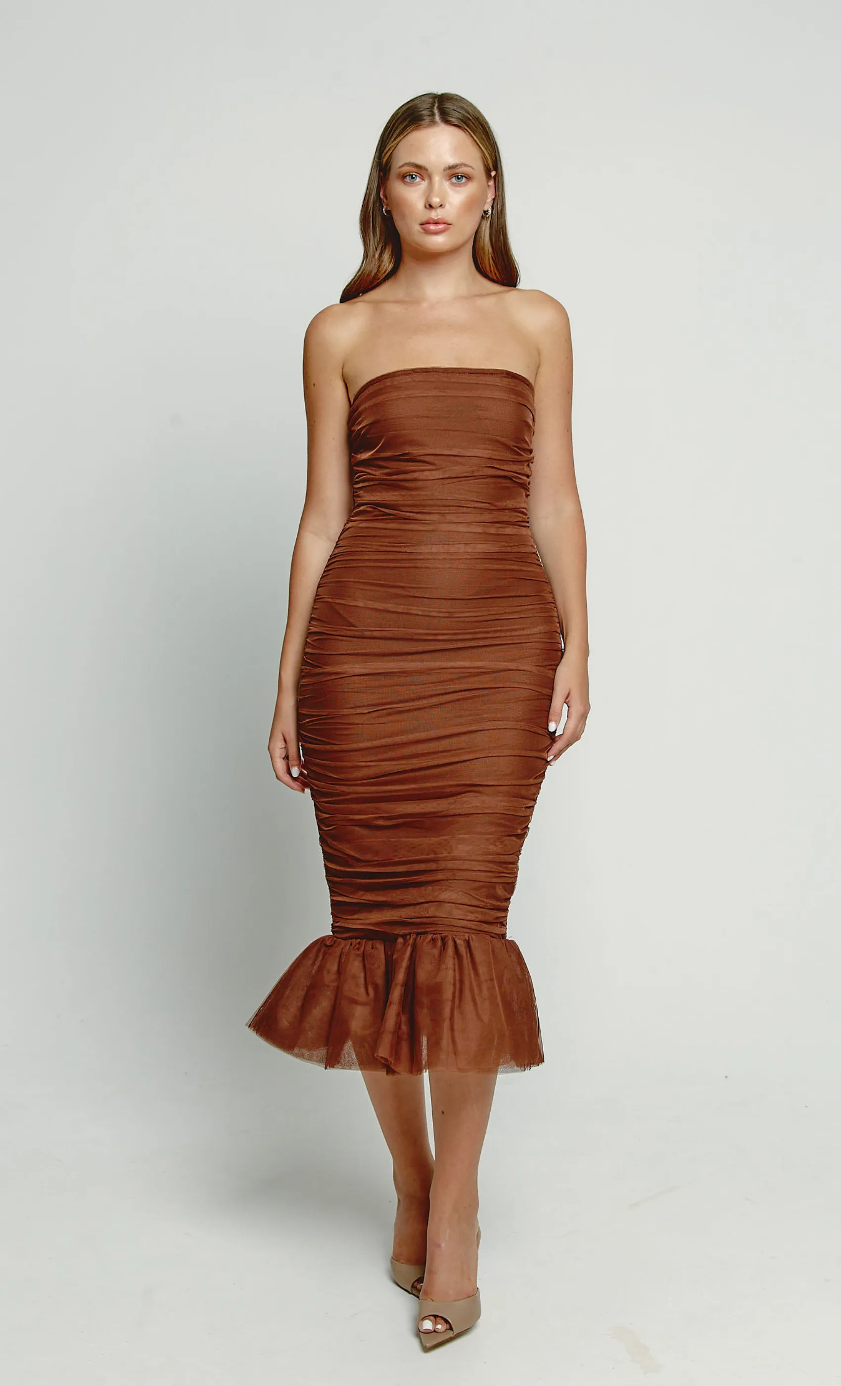 Brown Frill Hem Bandage Midi Dress