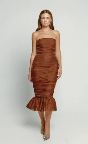 Brown Frill Hem Bandage Midi Dress