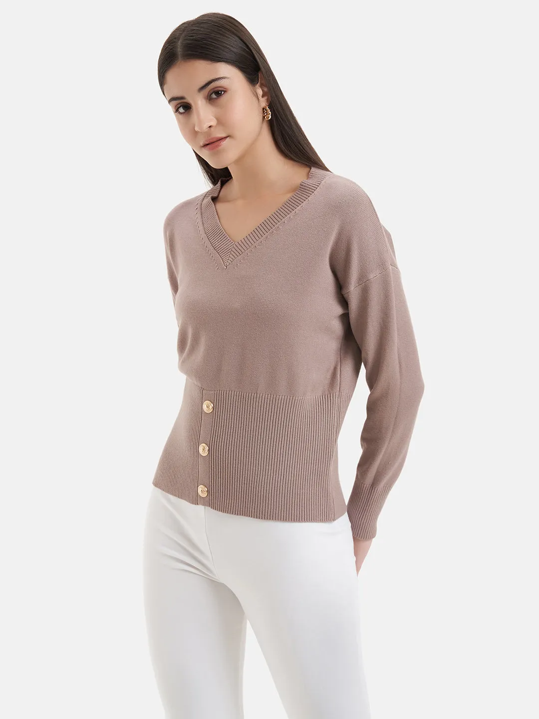 Button Detail Batwing Pullover