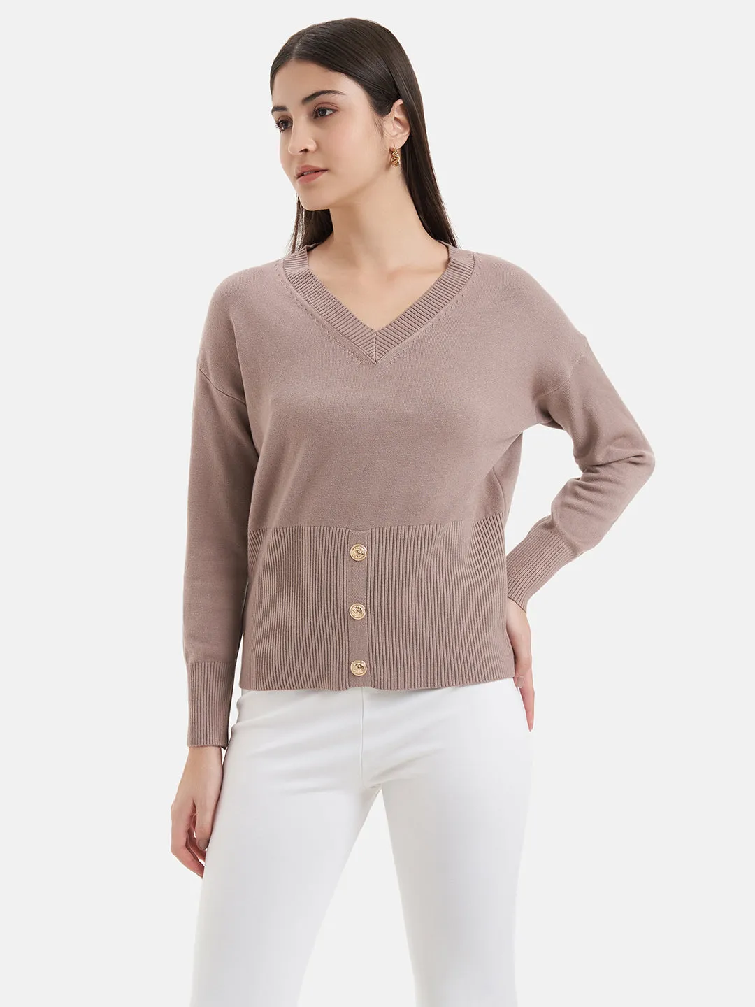 Button Detail Batwing Pullover