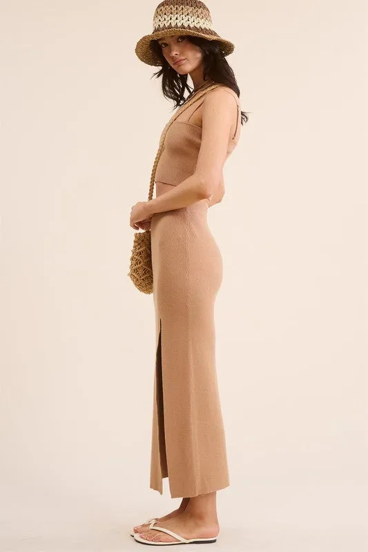 Camel Solid Ribbed-Knit Tank And Midi Slit Skirt