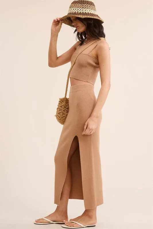 Camel Solid Ribbed-Knit Tank And Midi Slit Skirt