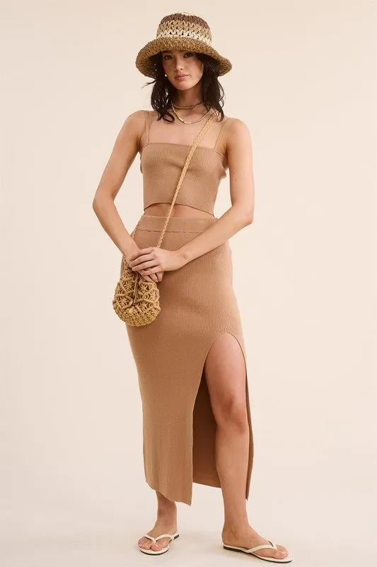 Camel Solid Ribbed-Knit Tank And Midi Slit Skirt