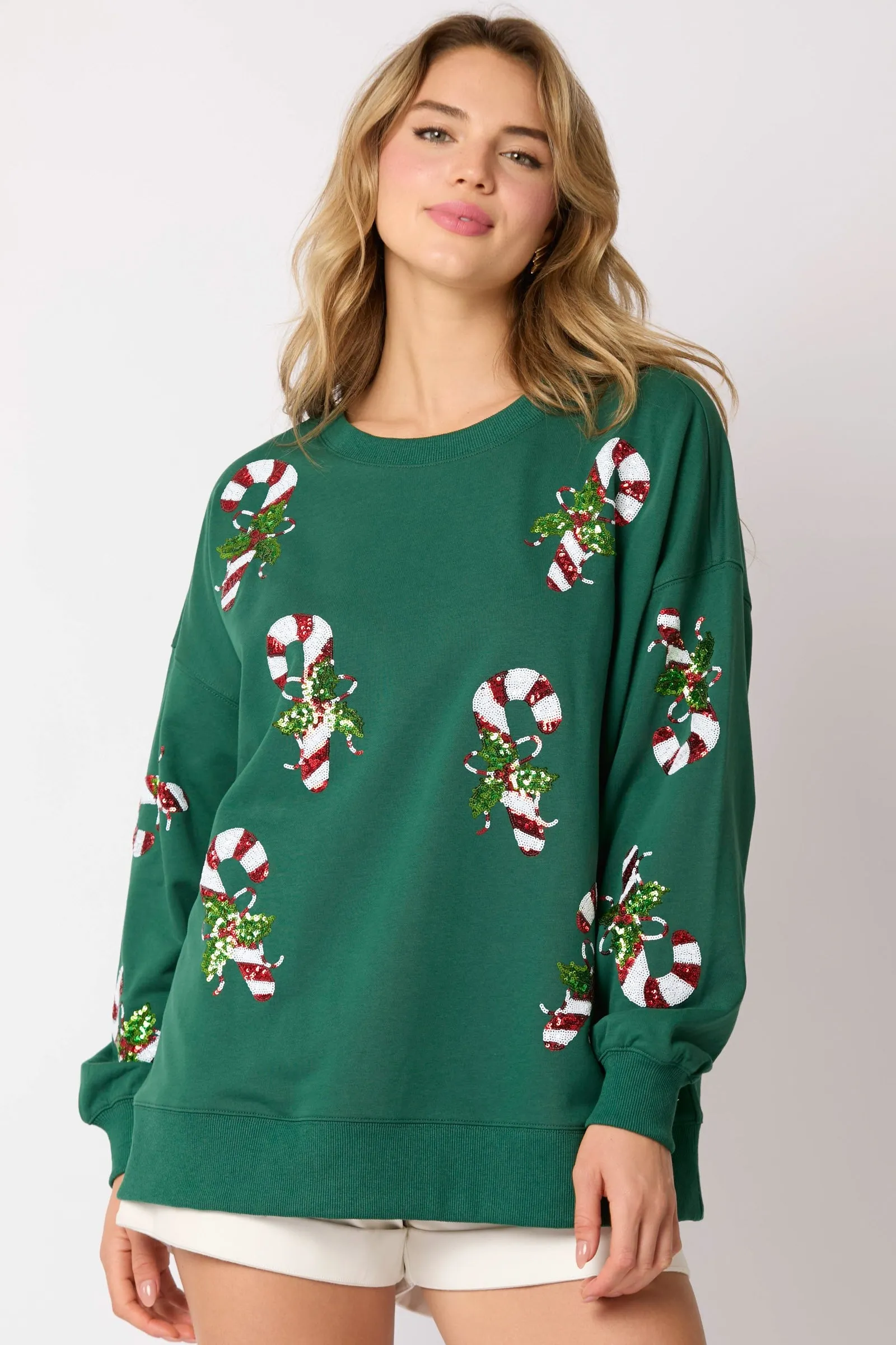 Candy Cane Sequine Long Sleeve Pullover Sweatshirt