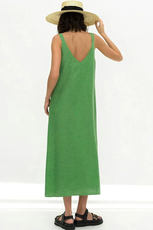 Casual V Neck Front Split Sleeveless Linen Blend Midi Sundress - Green