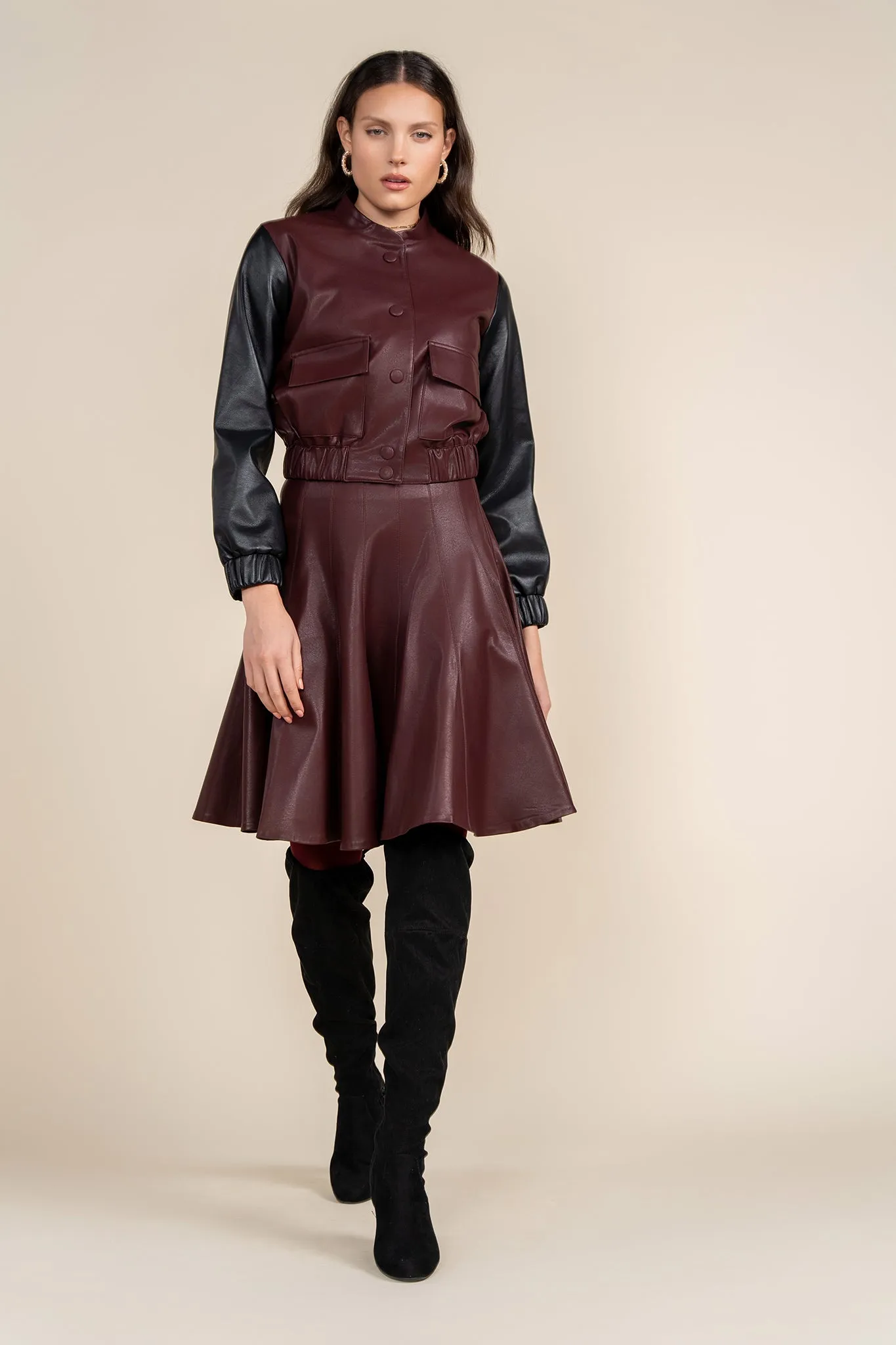 Chloe Leather Panel Skirt in Deep Merlot